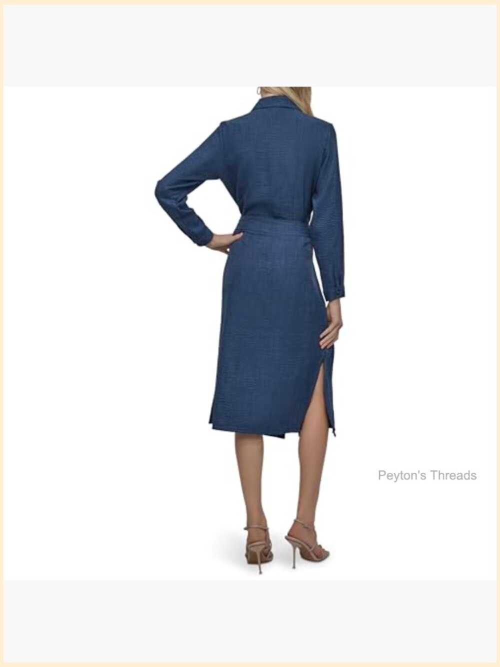 Long Sleeve Collared Tie Waist Midi Shirtdress with Pockets - Picture 4 of 6